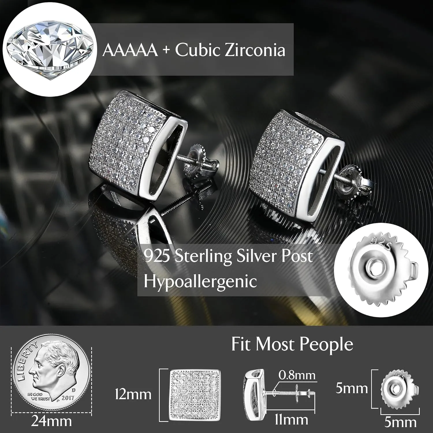 925 Sterling Silver Earrings For Men Women- Hypoallergenic Cubic Zirconia Stud Earrings for Sensitive Ears, 18K Gold Plated Large Square Diamond Studs