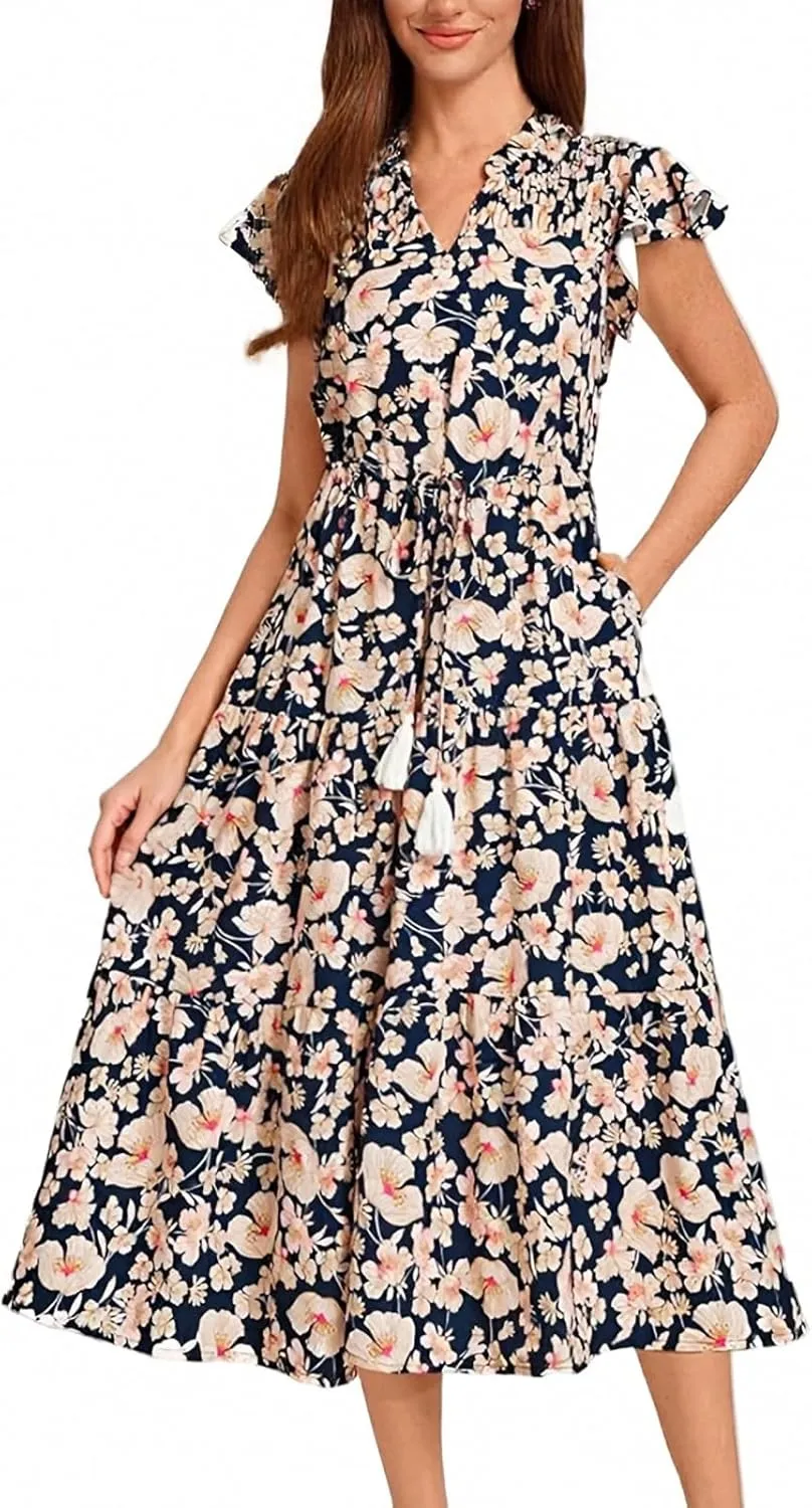 A Line Dresses for Women Elegant Floral Swing Ruffle Tiered Modest Dresses V Neck Tea Length Garden Party Maxi Dress