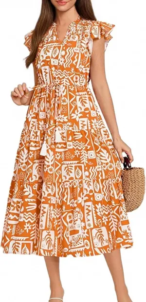 A Line Dresses for Women Elegant Floral Swing Ruffle Tiered Modest Dresses V Neck Tea Length Garden Party Maxi Dress