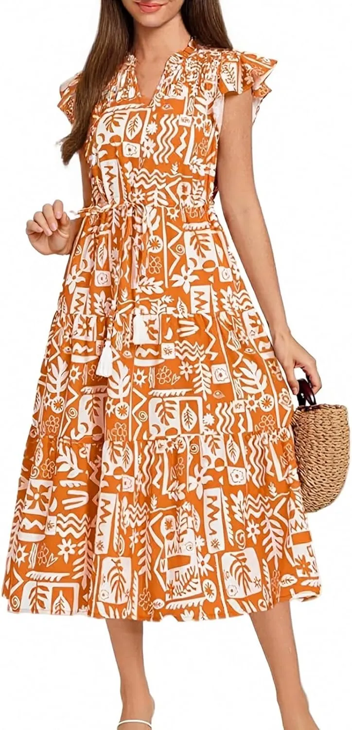 A Line Dresses for Women Elegant Floral Swing Ruffle Tiered Modest Dresses V Neck Tea Length Garden Party Maxi Dress