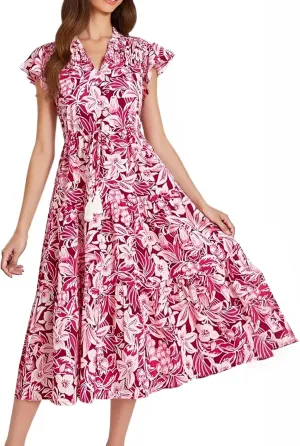 A Line Dresses for Women Elegant Floral Swing Ruffle Tiered Modest Dresses V Neck Tea Length Garden Party Maxi Dress