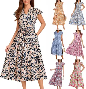 A Line Dresses for Women Elegant Floral Swing Ruffle Tiered Modest Dresses V Neck Tea Length Garden Party Maxi Dress