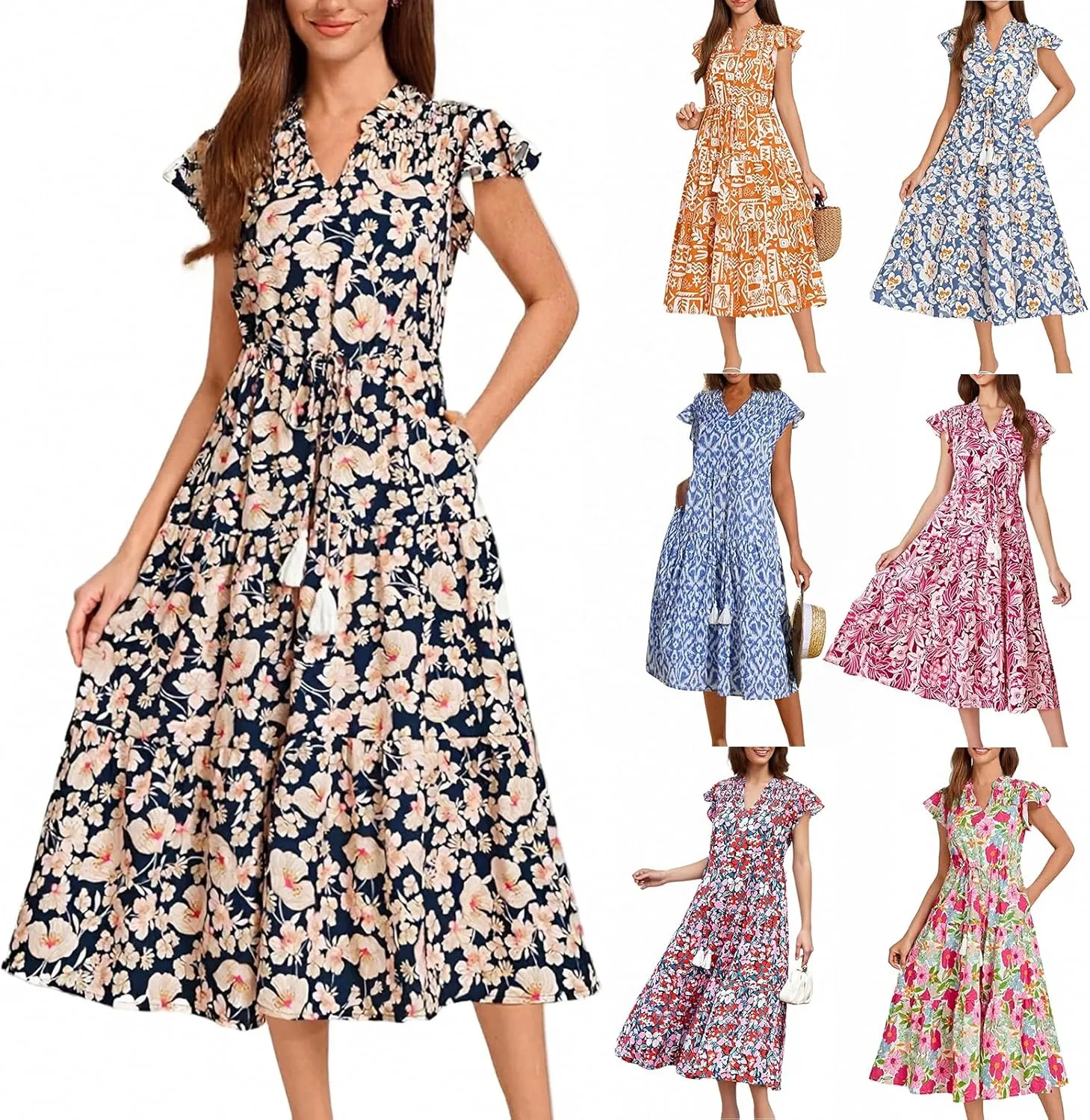 A Line Dresses for Women Elegant Floral Swing Ruffle Tiered Modest Dresses V Neck Tea Length Garden Party Maxi Dress
