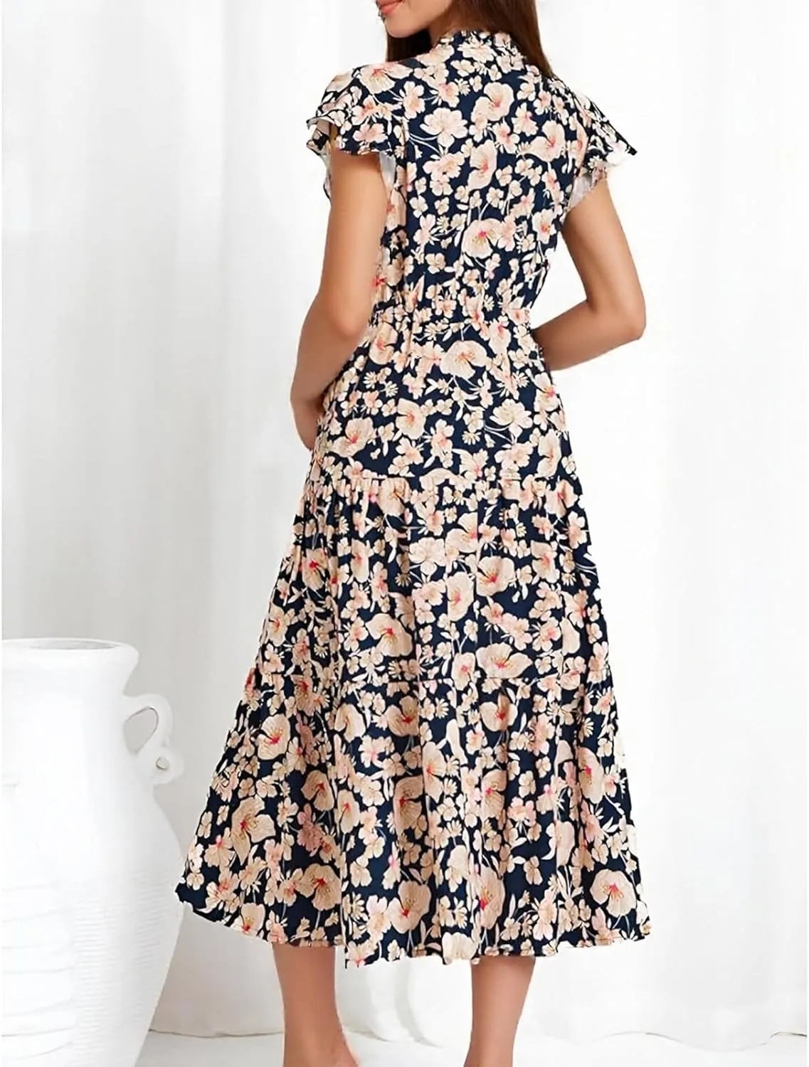 A Line Dresses for Women Elegant Floral Swing Ruffle Tiered Modest Dresses V Neck Tea Length Garden Party Maxi Dress