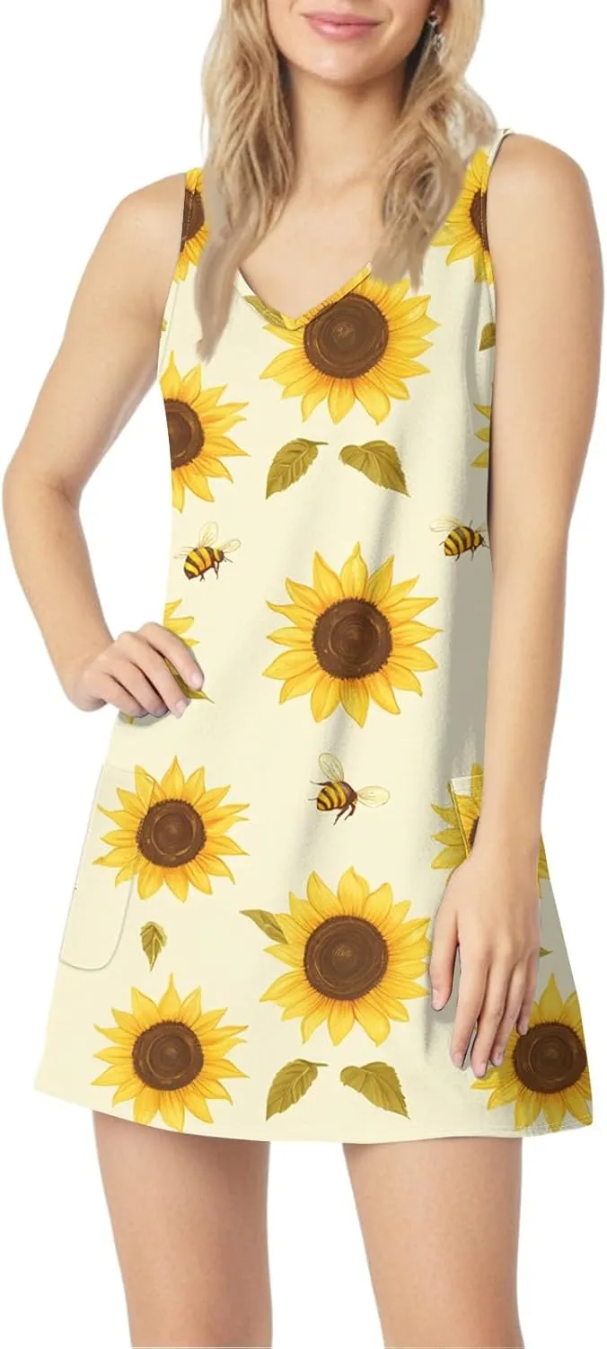 ADHOWBEW Flowy Dresses for Women Womens Beach V Neck Cute Tropical Print Sexy Hawaiian Sleeveless Tank Dresses
