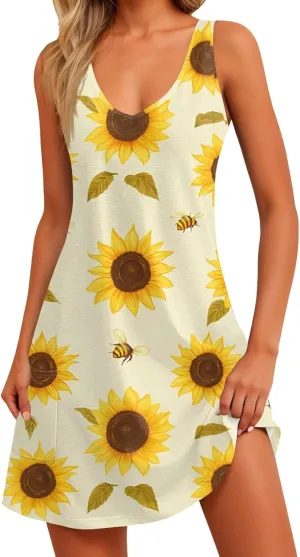 ADHOWBEW Flowy Dresses for Women Womens Beach V Neck Cute Tropical Print Sexy Hawaiian Sleeveless Tank Dresses