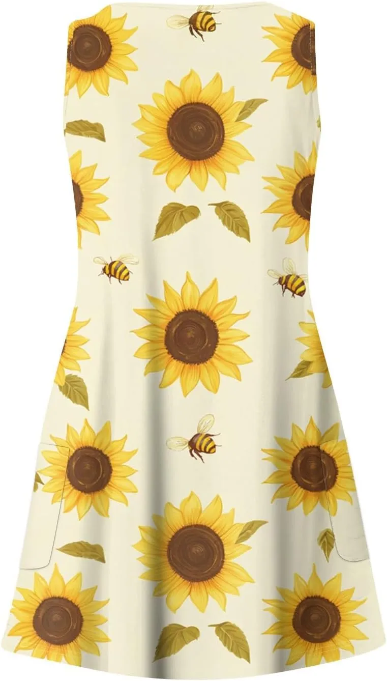 ADHOWBEW Flowy Dresses for Women Womens Beach V Neck Cute Tropical Print Sexy Hawaiian Sleeveless Tank Dresses