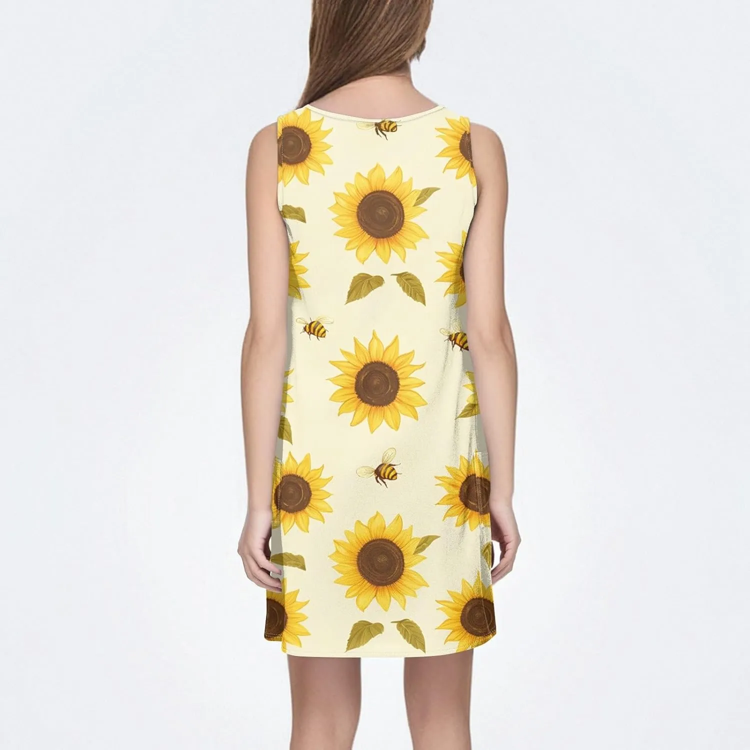 ADHOWBEW Flowy Dresses for Women Womens Beach V Neck Cute Tropical Print Sexy Hawaiian Sleeveless Tank Dresses