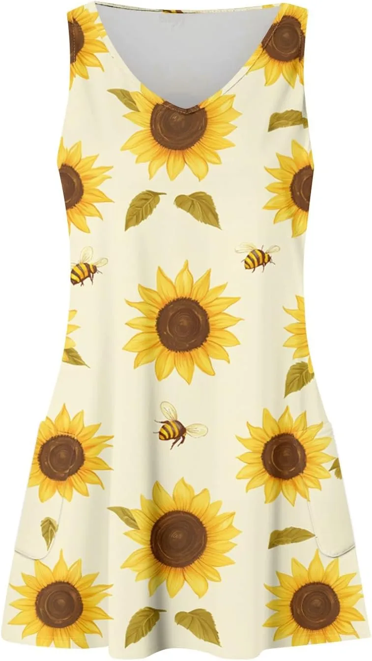 ADHOWBEW Flowy Dresses for Women Womens Beach V Neck Cute Tropical Print Sexy Hawaiian Sleeveless Tank Dresses