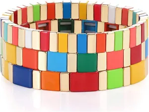 ANGLESJELL Enamel Tile Bracelets Rainbow Tile Bead Bracelets Elastic Colorful Rectangle Beaded Stretch Bracelets for Women Stackable Colorblock Layered Bangle Bracelets for Men Girls