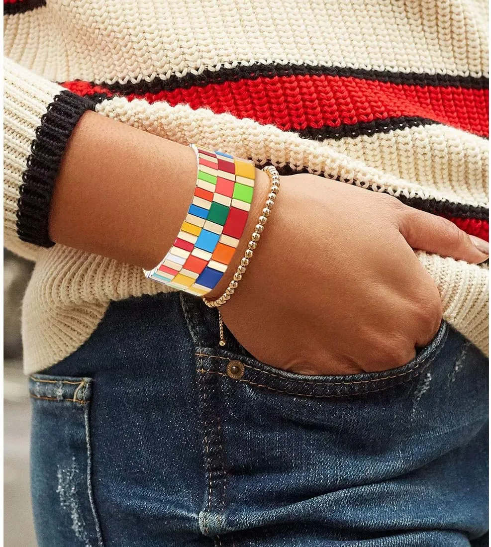 ANGLESJELL Enamel Tile Bracelets Rainbow Tile Bead Bracelets Elastic Colorful Rectangle Beaded Stretch Bracelets for Women Stackable Colorblock Layered Bangle Bracelets for Men Girls