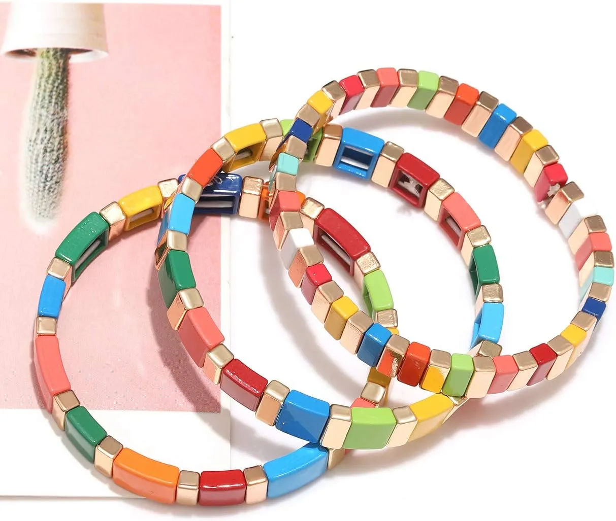 ANGLESJELL Enamel Tile Bracelets Rainbow Tile Bead Bracelets Elastic Colorful Rectangle Beaded Stretch Bracelets for Women Stackable Colorblock Layered Bangle Bracelets for Men Girls