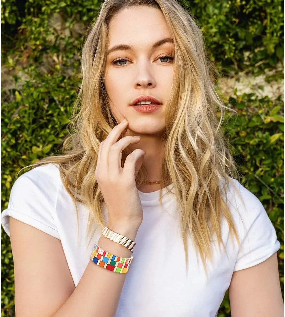 ANGLESJELL Enamel Tile Bracelets Rainbow Tile Bead Bracelets Elastic Colorful Rectangle Beaded Stretch Bracelets for Women Stackable Colorblock Layered Bangle Bracelets for Men Girls