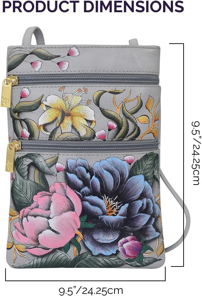 Anuschka Womens Hand Painted Genuine Leather Mini Double Zip Travel Crossbody - Magnetic Closure, ID Holder & Optical Case
