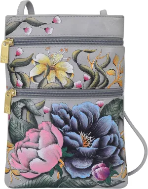 Anuschka Womens Hand Painted Genuine Leather Mini Double Zip Travel Crossbody - Magnetic Closure, ID Holder & Optical Case