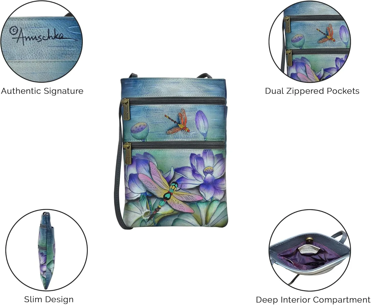Anuschka Womens Hand Painted Genuine Leather Mini Double Zip Travel Crossbody - Magnetic Closure, ID Holder & Optical Case
