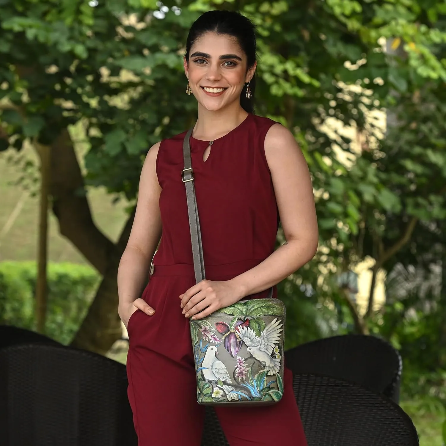 Anuschka Womens Original Genuine Leather Hand-Painted Organizer Crossbody with Extended Side Zipper and Adjustable Strap