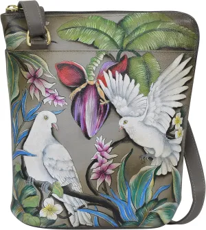 Anuschka Womens Original Genuine Leather Hand-Painted Organizer Crossbody with Extended Side Zipper and Adjustable Strap