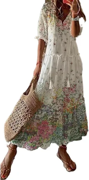 Apvirdy Women's Boho Floral Printed Maxi Dress Loose V Neck Sundress Rolled Half Sleeve Long Beach Dress