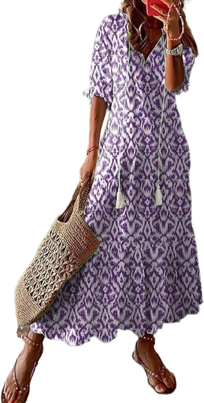 Apvirdy Women's Boho Floral Printed Maxi Dress Loose V Neck Sundress Rolled Half Sleeve Long Beach Dress