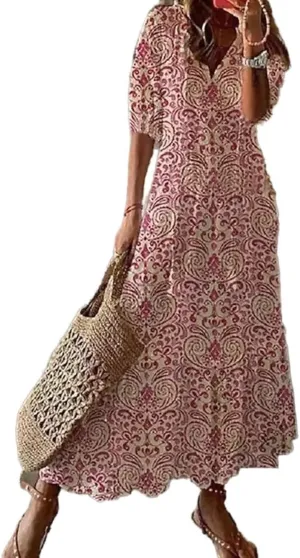 Apvirdy Women's Boho Floral Printed Maxi Dress Loose V Neck Sundress Rolled Half Sleeve Long Beach Dress