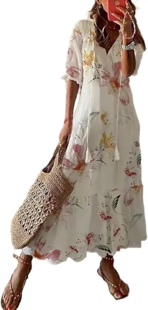 Apvirdy Women's Boho Floral Printed Maxi Dress Loose V Neck Sundress Rolled Half Sleeve Long Beach Dress
