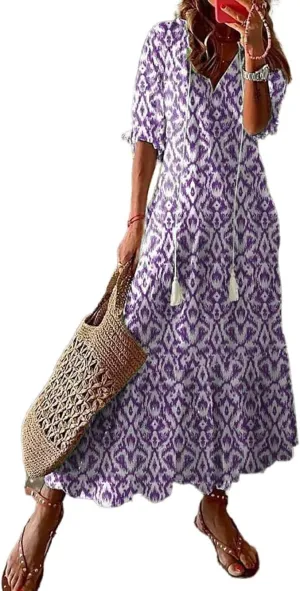 Apvirdy Women's Boho Floral Printed Maxi Dress Loose V Neck Sundress Rolled Half Sleeve Long Beach Dress