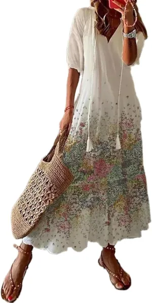 Apvirdy Women's Boho Floral Printed Maxi Dress Loose V Neck Sundress Rolled Half Sleeve Long Beach Dress