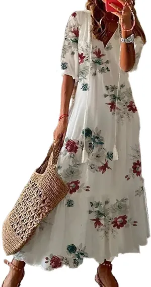 Apvirdy Women's Boho Floral Printed Maxi Dress Loose V Neck Sundress Rolled Half Sleeve Long Beach Dress