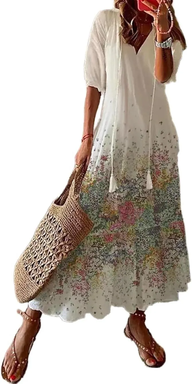 Apvirdy Women's Boho Floral Printed Maxi Dress Loose V Neck Sundress Rolled Half Sleeve Long Beach Dress