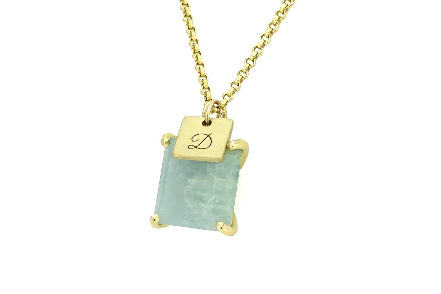 Aquamarine Square Gemstone Pendant - Engraved Initial Coin Charm Name Necklace - Custom Monogram Jewelry - Birthday Accessory