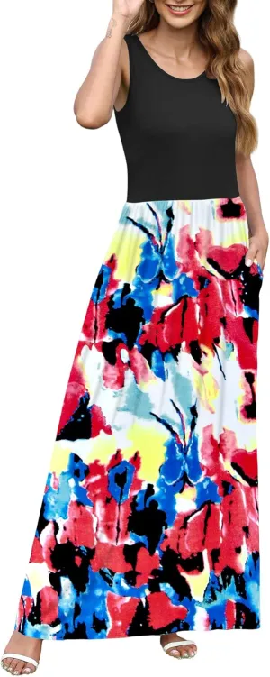 AUSELILY Women Fashion Summer Sleeveless Loose Maxi Dress Fresh and Comfortable