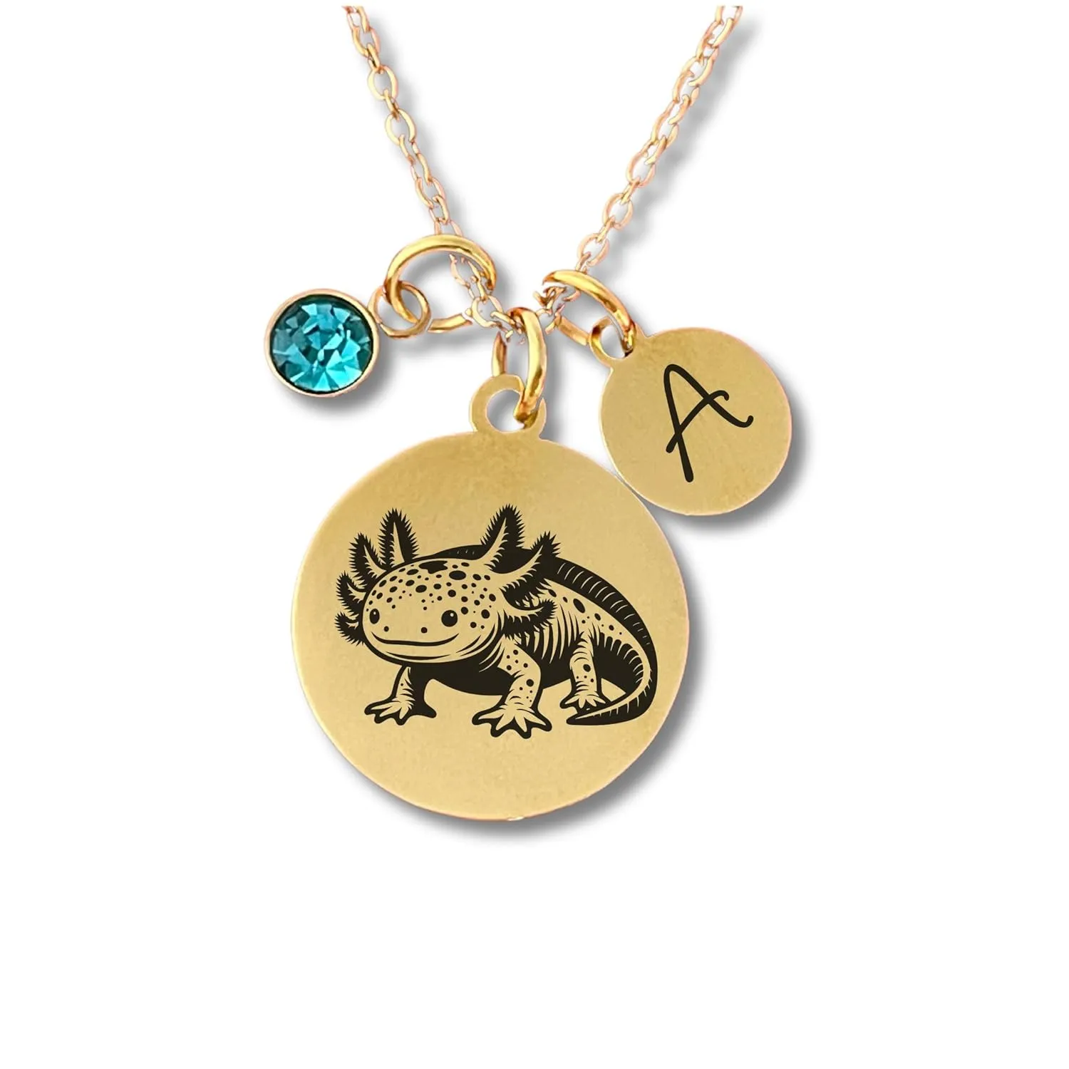 Axolotl Necklace, Gift for Girls, Mexican Walking Fish Jewelry, Choice of Initial and Birthstone, 18K Gold or Silver Plate Ajolote Animal Pendant