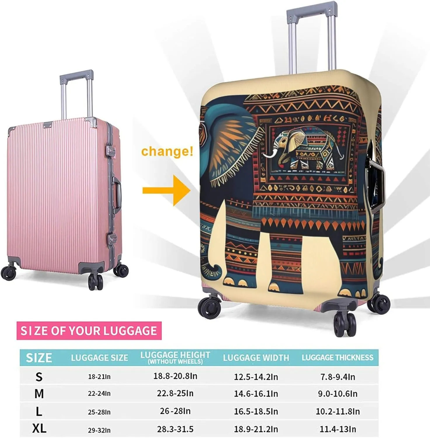 aztec elephant Print Practical Elastic Washable Travel Luggage Cover with Concealed Zipper for Suitcases
