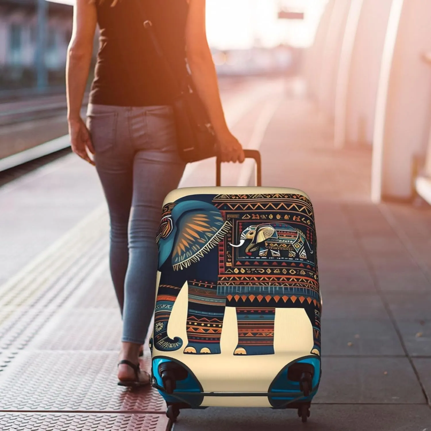 aztec elephant Print Practical Elastic Washable Travel Luggage Cover with Concealed Zipper for Suitcases