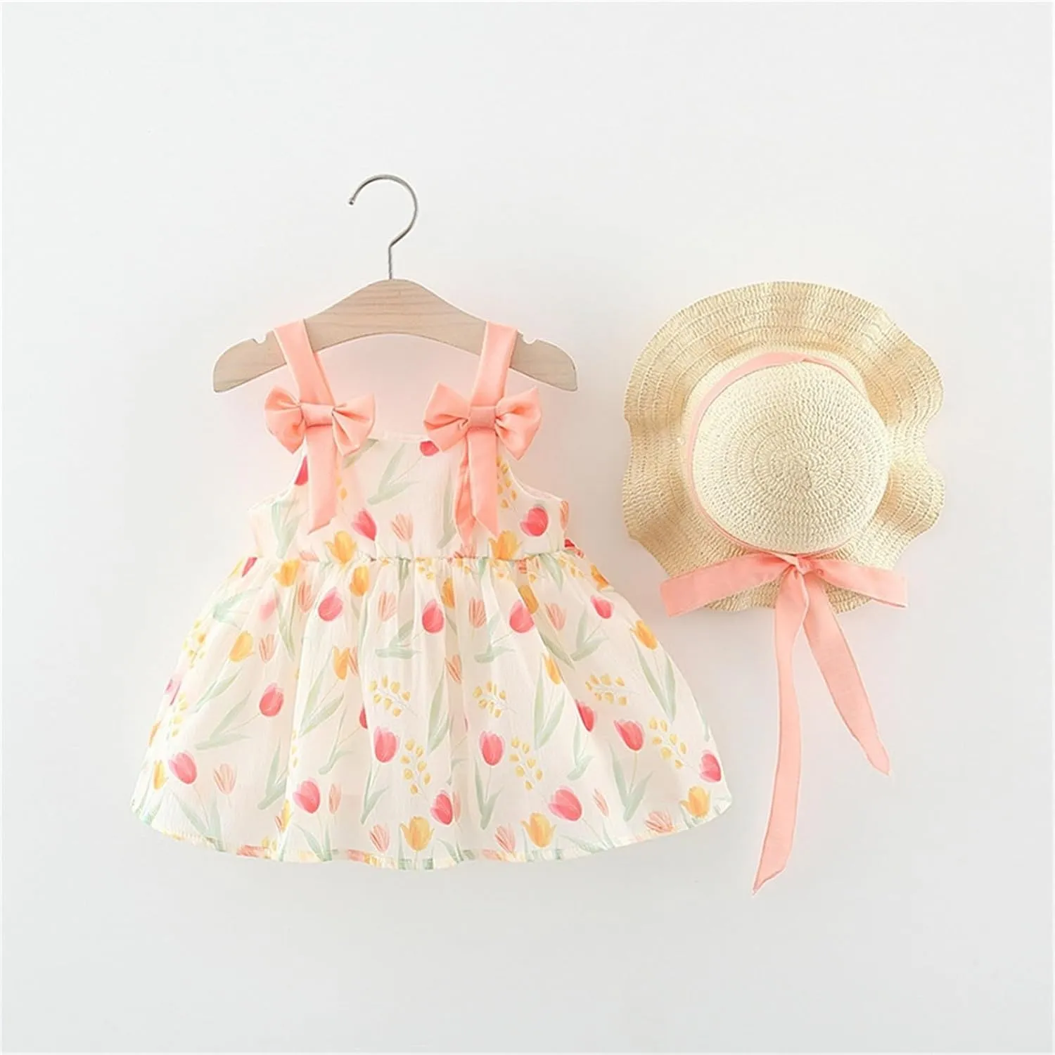 Baby Girls Floral Print Mini Dress Baby Summer Sleeveless Backless Dresses Ruffle Tulle Bowknot Sundress with Hat UC36