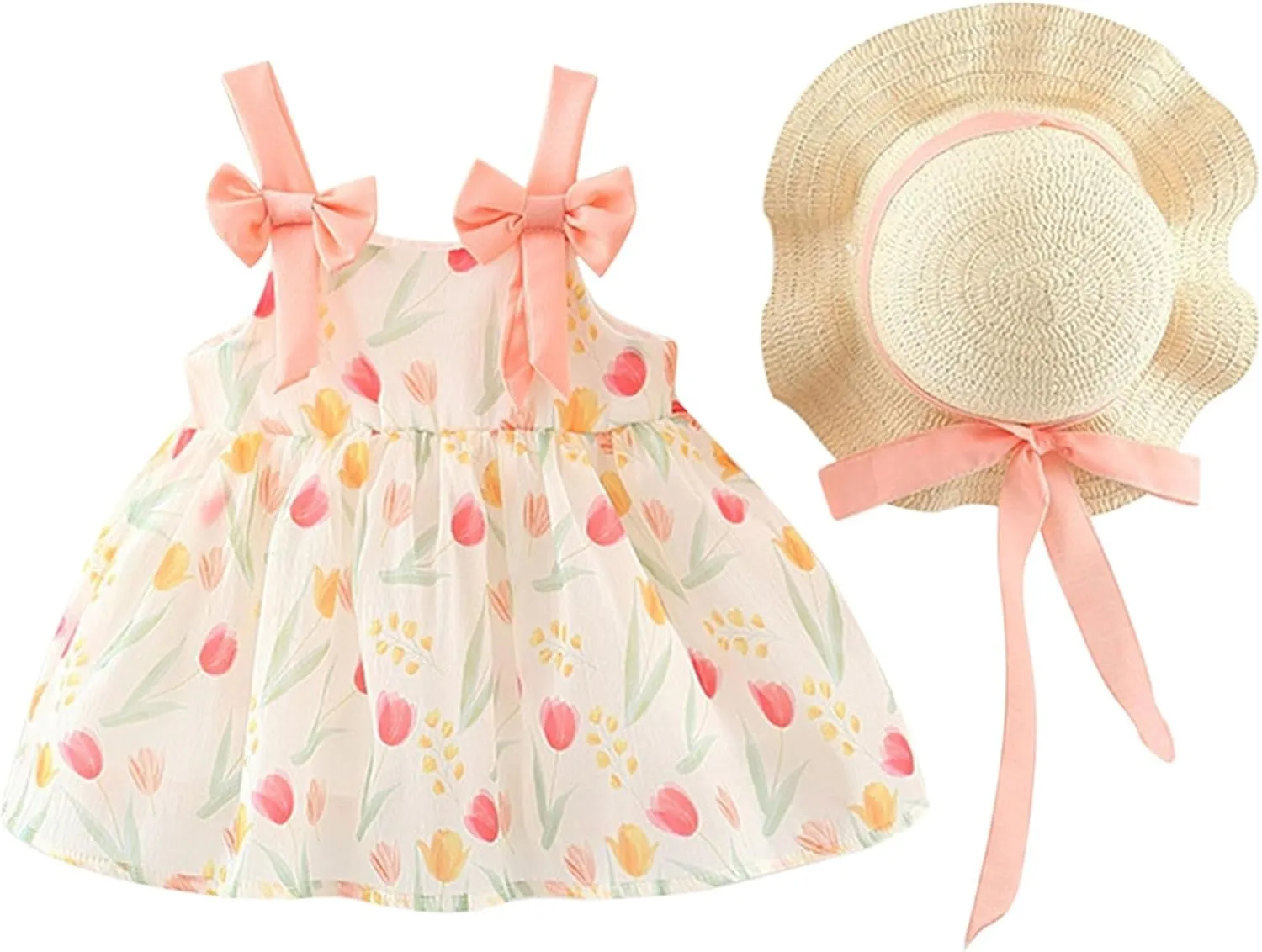 Baby Girls Floral Print Mini Dress Baby Summer Sleeveless Backless Dresses Ruffle Tulle Bowknot Sundress with Hat UC36