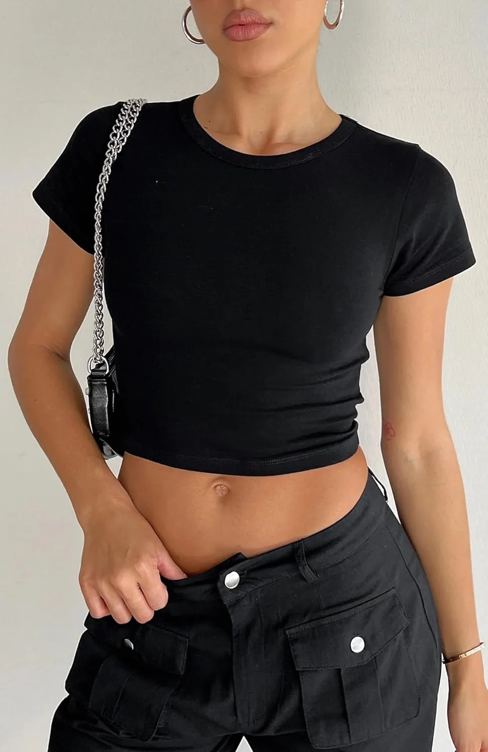 BAIGRAM Women Slim Fit Cap Sleeve Round Neck Crop Tee Top Basic Solid Form Fitting Stretchy Tshirt Summer Baby Tee