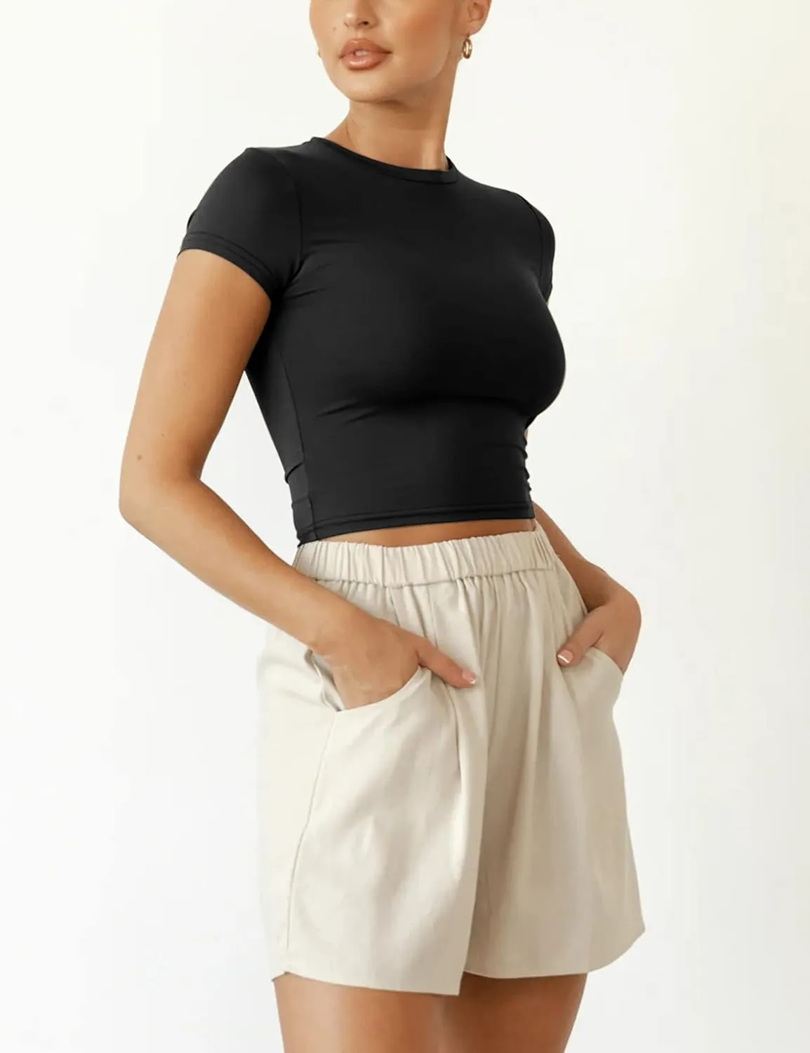 BAIGRAM Women Slim Fit Cap Sleeve Round Neck Crop Tee Top Basic Solid Form Fitting Stretchy Tshirt Summer Baby Tee
