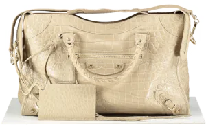 Balenciaga Beige Latte Croc Embossed Leather City Bag