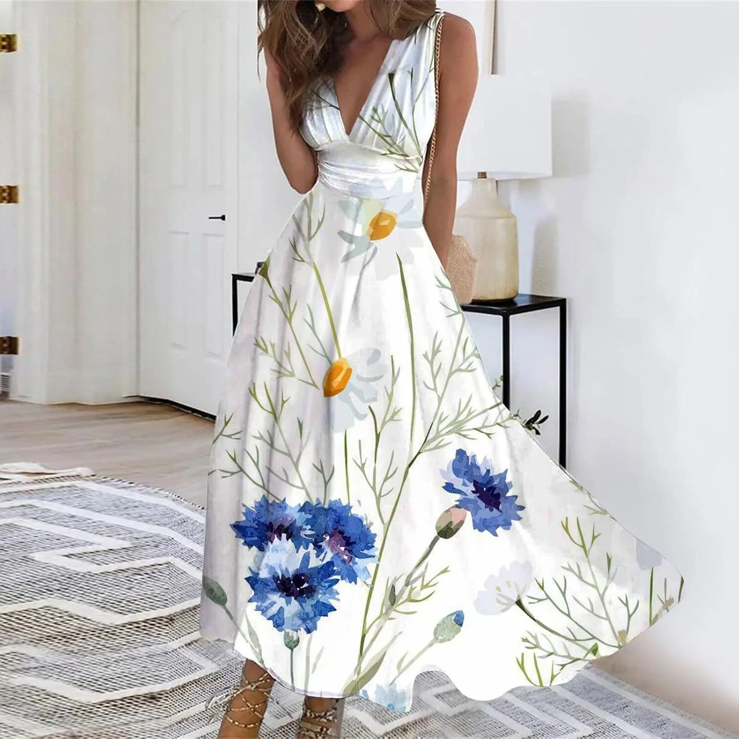 Beach Dresses for Women Deep V Neck Sleeveless Elegant Long Dress Casual Floral Swing Dresses Maxi Cute Sexy Dress