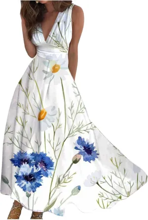 Beach Dresses for Women Deep V Neck Sleeveless Elegant Long Dress Casual Floral Swing Dresses Maxi Cute Sexy Dress