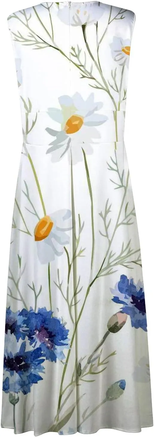 Beach Dresses for Women Deep V Neck Sleeveless Elegant Long Dress Casual Floral Swing Dresses Maxi Cute Sexy Dress