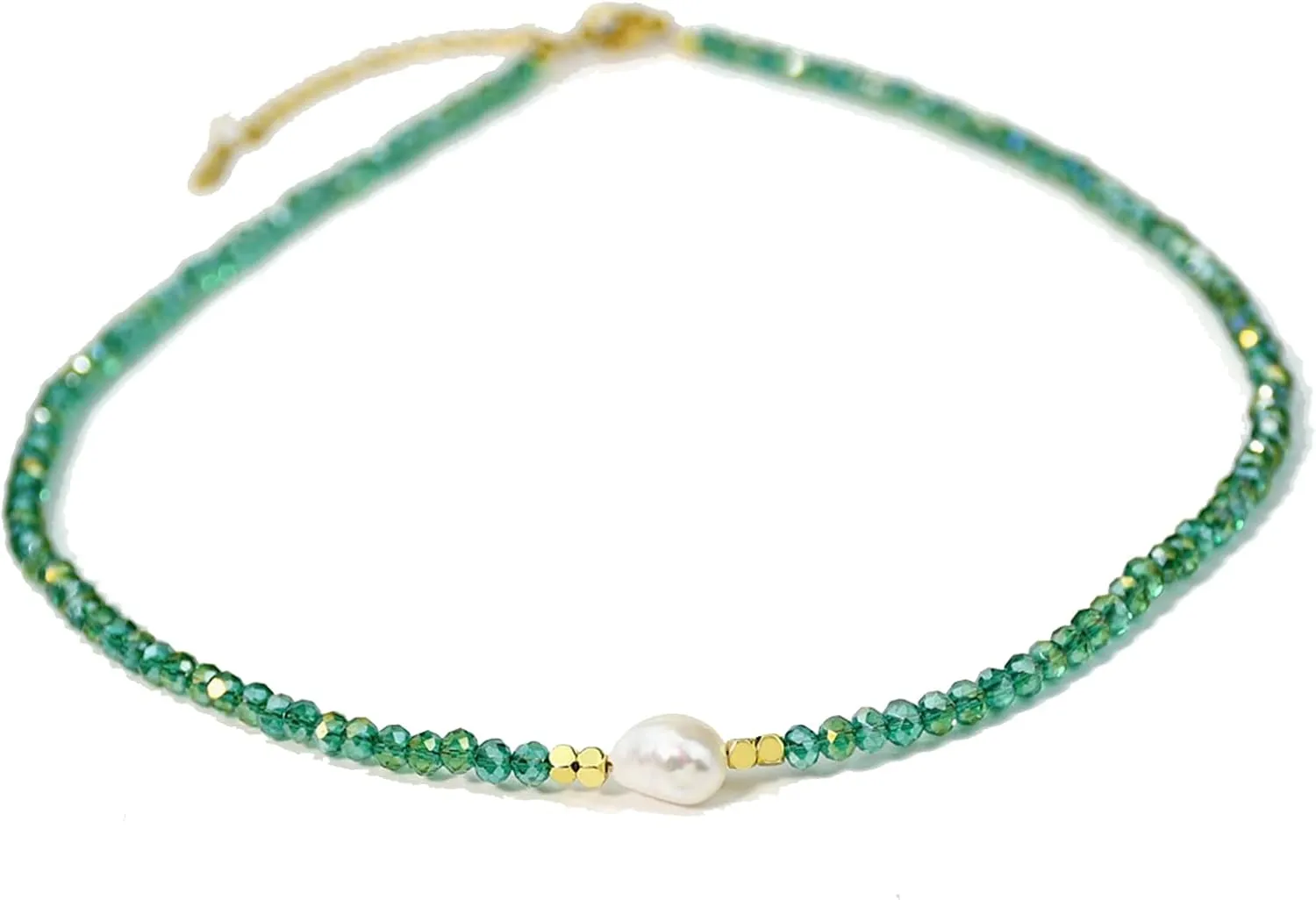 Beaded Necklace for Women Gold Y2K Crystal Necklace Spring/Summer INS Style Beaded Pearls Choker Necklace Stainless steel Clasp Chain for Woman (Green B)