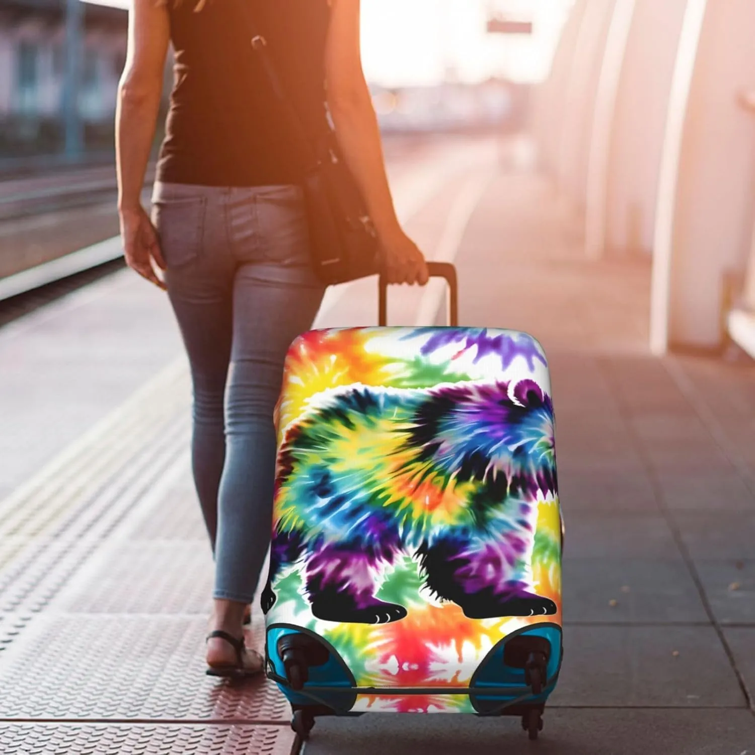Bear Dancing Tie Dye Print Practical Elastic Washable Travel Luggage Cover with Concealed Zipper for Suitcases