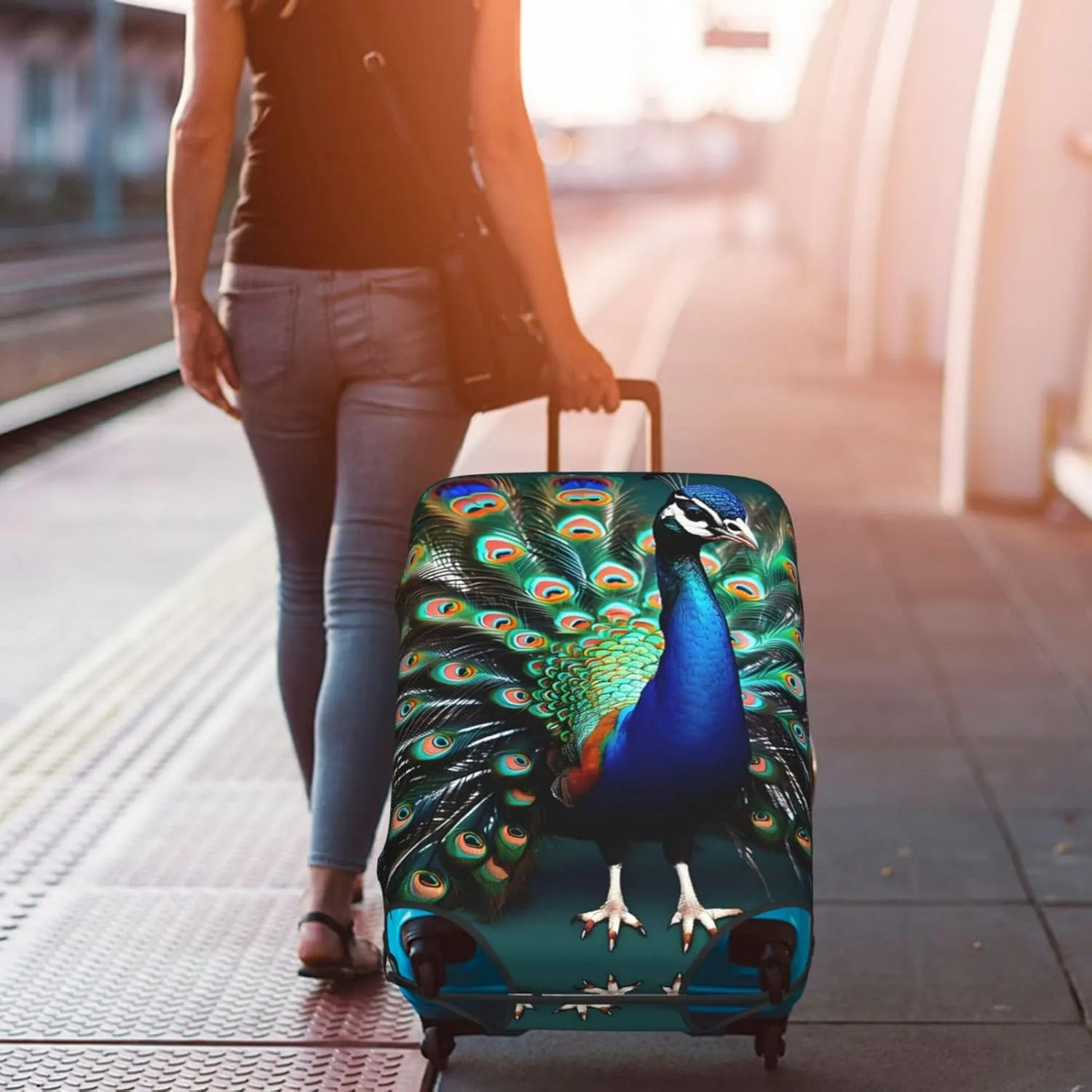 Beautiful peacock Print Practical Elastic Washable Travel Luggage Cover with Concealed Zipper for Suitcases