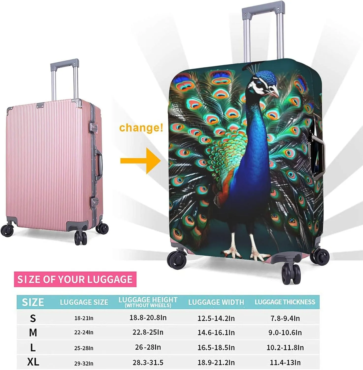 Beautiful peacock Print Practical Elastic Washable Travel Luggage Cover with Concealed Zipper for Suitcases