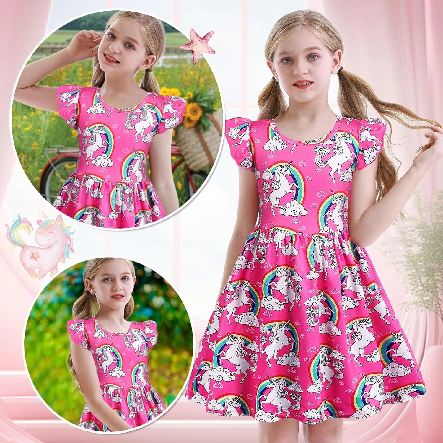 Benylion Girls Dresses Rainbow Unicorn Short Flutter Sleeve Skater Dress Mermaid Dress Kids Playwear for Girls 3-12 Years