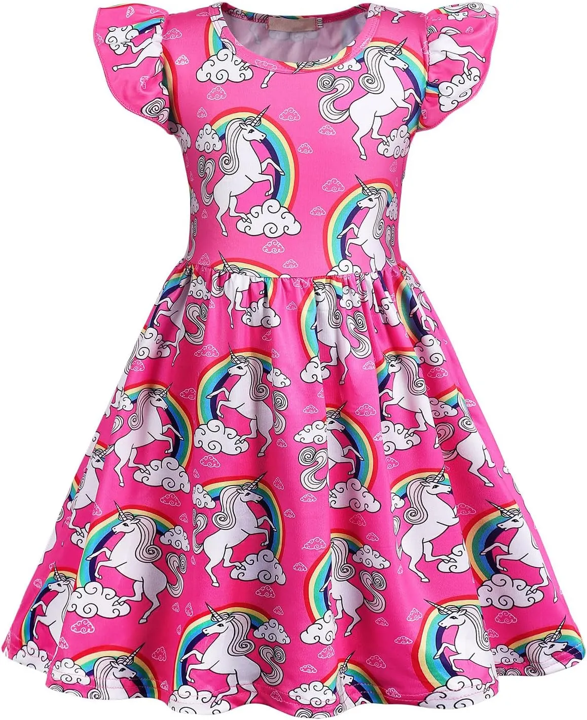Benylion Girls Dresses Rainbow Unicorn Short Flutter Sleeve Skater Dress Mermaid Dress Kids Playwear for Girls 3-12 Years