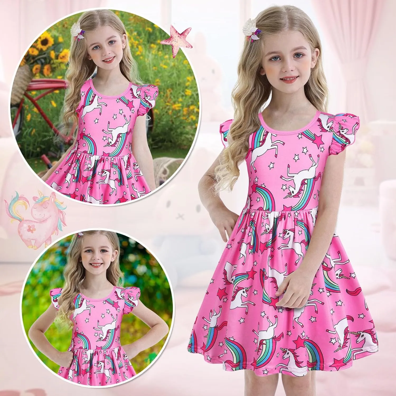 Benylion Girls Dresses Rainbow Unicorn Short Flutter Sleeve Skater Dress Mermaid Dress Kids Playwear for Girls 3-12 Years